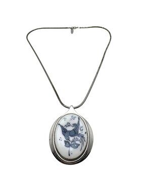 Whiting & Davis Silver-tone Pendant Necklace Blue Porcelain Bird Mirror Chain